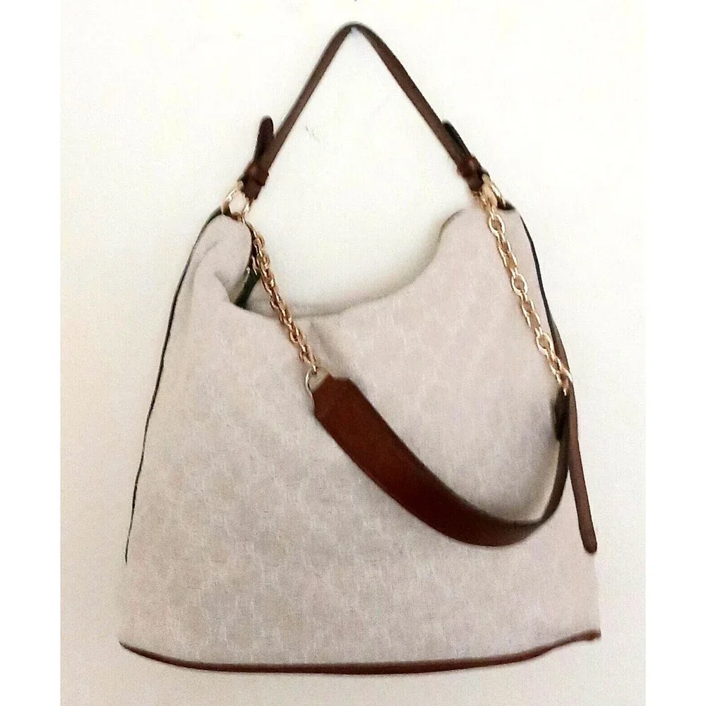 MNG Mango Cream Woven Jacquard Hobo Bag Brown Vegan Leather Double Straps
